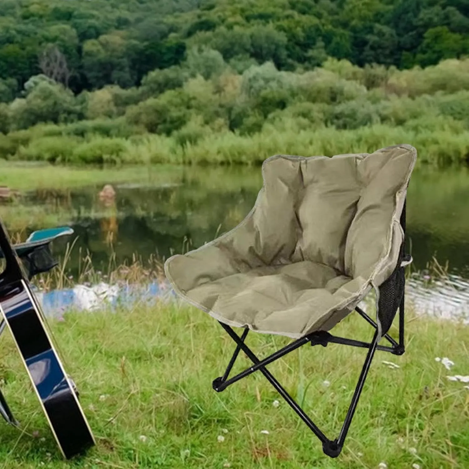 Camping Padded Chair Fishing Lounge Chair Lazy Sofa Back Support Stable Folding Seat Padded Cushion for Patio Camping Picnic, Khaki