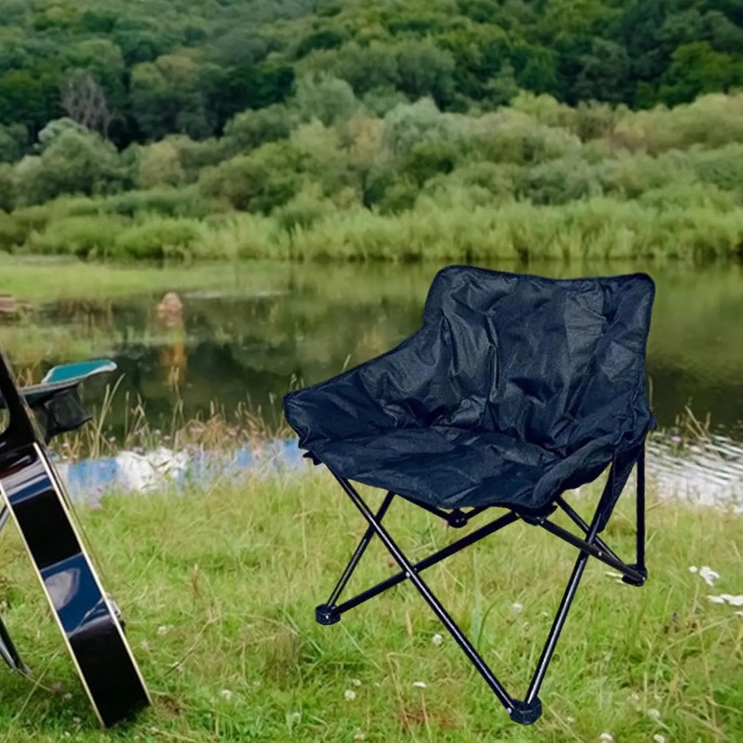 Camping Padded Chair Folding Seat Stable 600D Oxford Cloth Soft Lounge Chair Moon Leisure Chair for Outdoor Patio Lawn Garden, Black