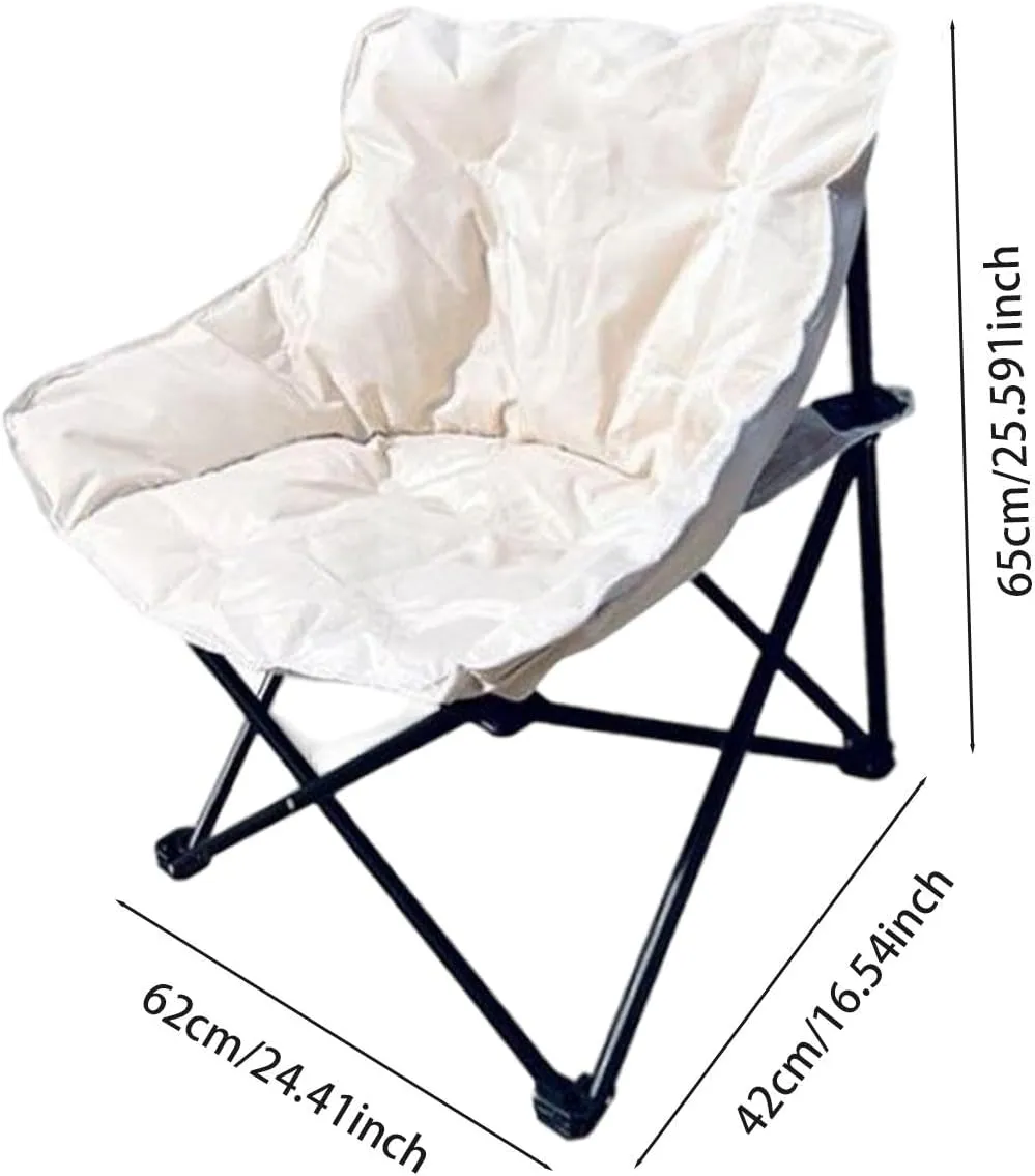 Camping Padded Chair Folding Seat Stable 600D Oxford Cloth Soft Lounge Chair Moon Leisure Chair for Outdoor Patio Lawn Garden, White
