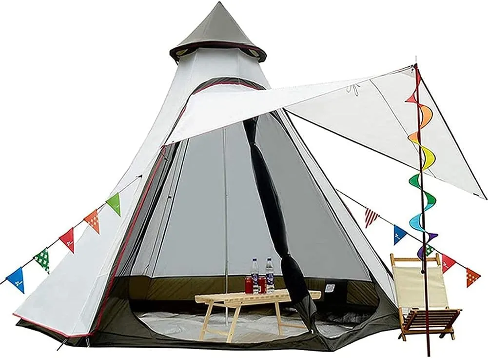 Camping Pyramid Teepee Tent Adult Tent Double Layers Indian Tent Yurt Tent Tower Post Bell Tent for Outdoor Family Trip