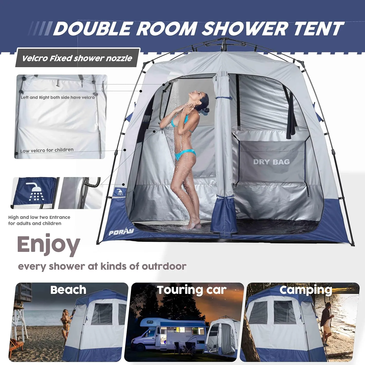 Camping Shower Tent Deluxe Changing Room Easy Set Up Privacy Shelter,Large Toilet Tent 2 Rooms with Floor Drain Design for Beach, Camping,Hiking with Stakes and Ropes for Stability