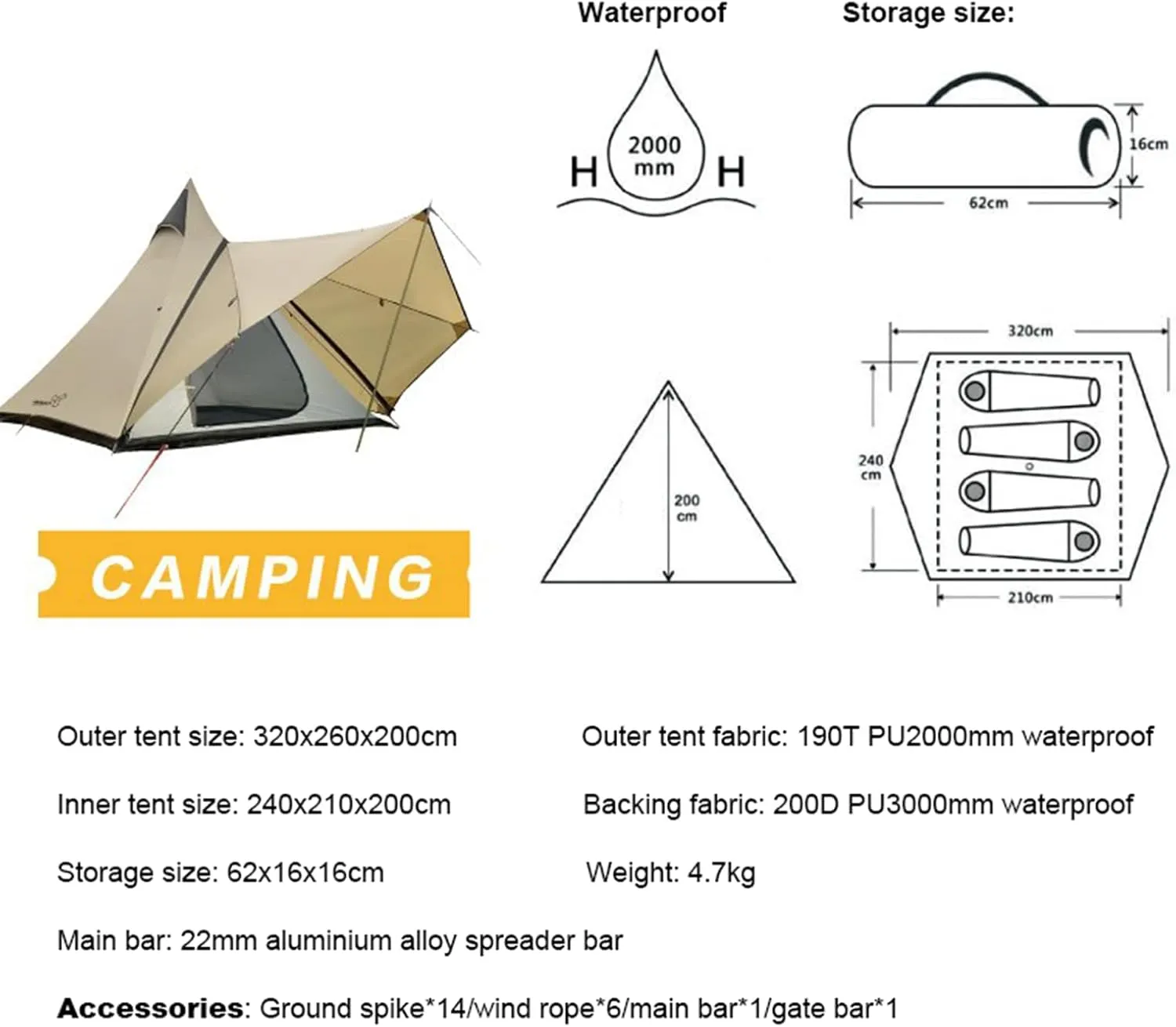 Camping Teepee Tent Yurt Tent with Screen 4 Season Double Layers Waterproof Anti-UV Windproof Tents for Outdoor Camping Hiking Hunting 3-4 Person (Brown 320X240X200CM) (Brown 320X240X200CM)