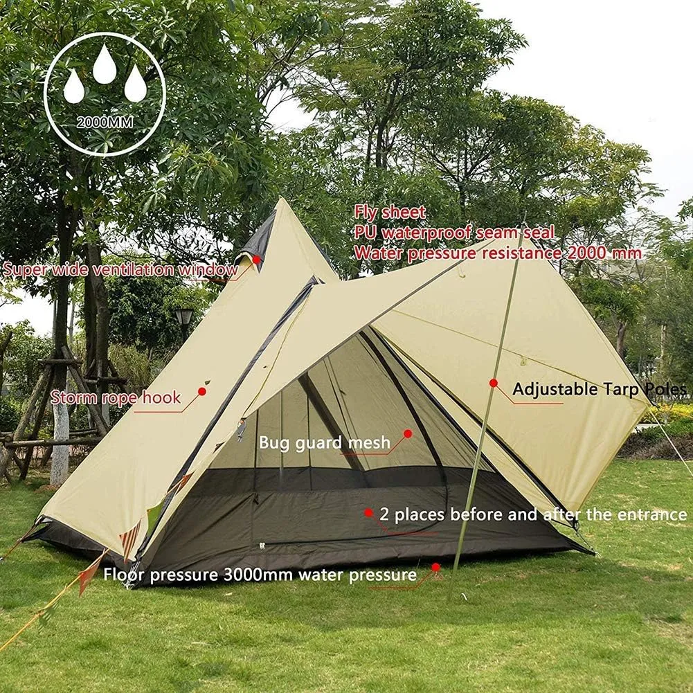 Camping Teepee Tent Yurt Tent with Screen 4 Season Double Layers Waterproof Anti-UV Windproof Tents for Outdoor Camping Hiking Hunting 3-4 Person (Brown 320X240X200CM) (Brown 320X240X200CM)