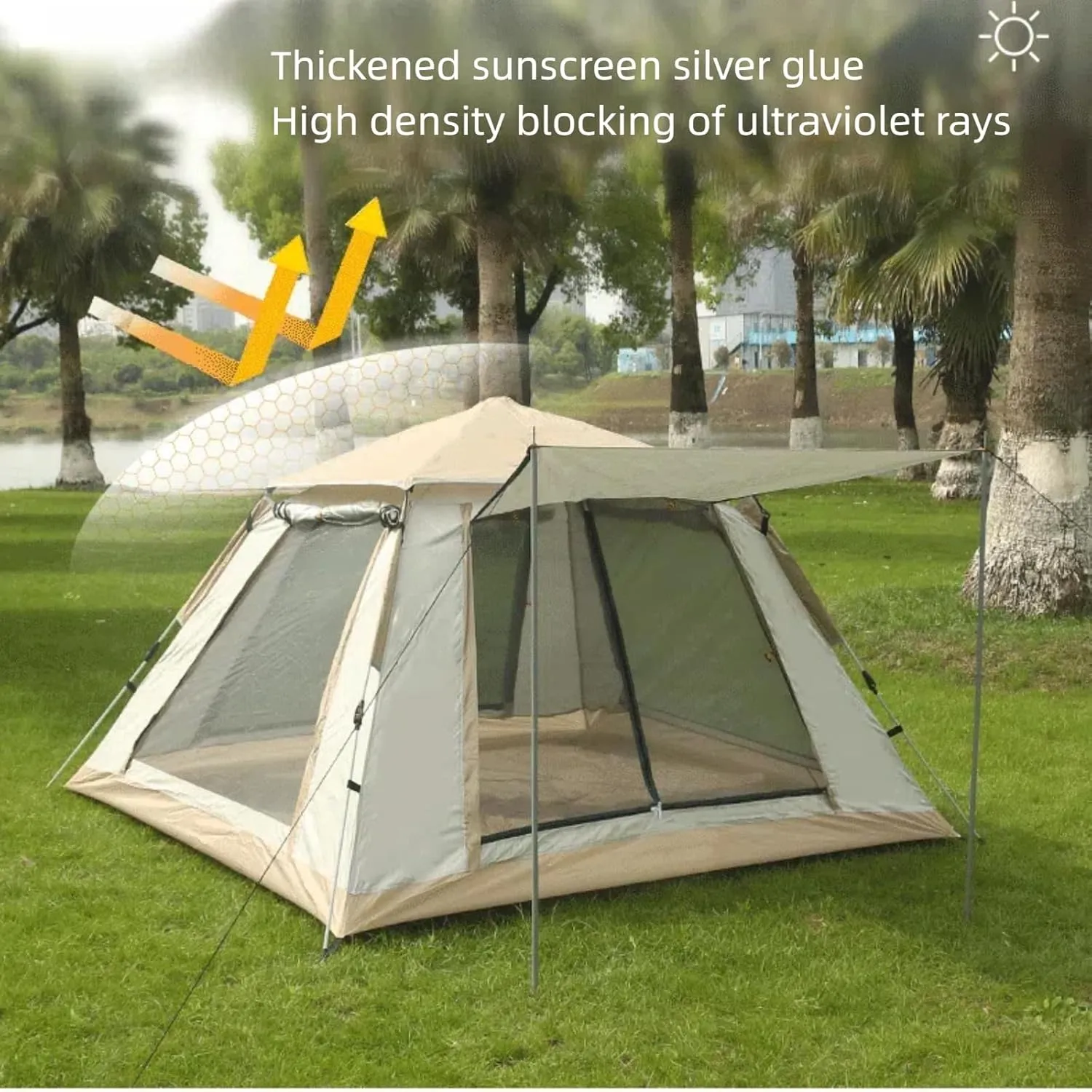 Camping Tent, 4 Season Tent, Beach Automatic Quick Open Portable Folding Thickened Silver Glue Coating Rain Tent (5-8person)