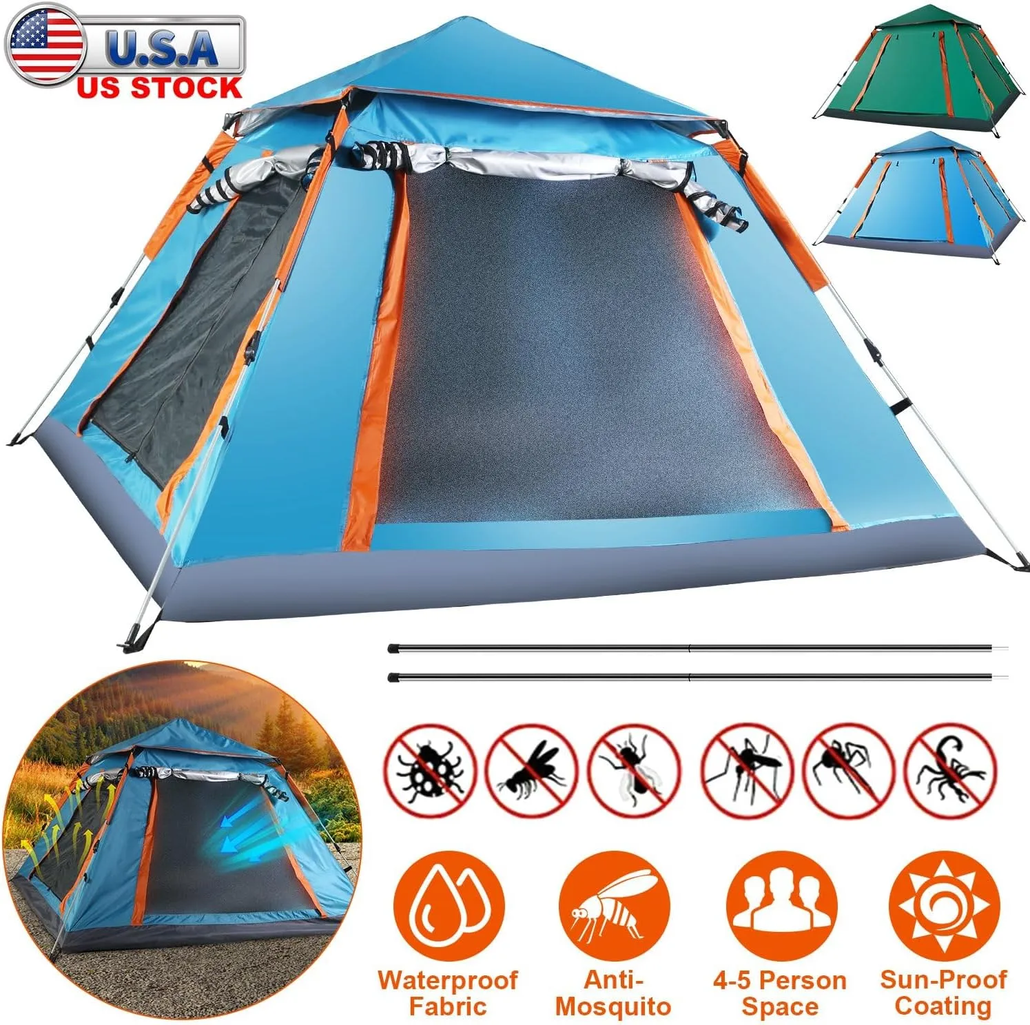 Camping Tent Outdoor for 4-5 Person Foldable Waterproof Tent with 2 Mosquito Nets Windows Carrying Bag for Hiking Climbing Adventure Fishing(Green)