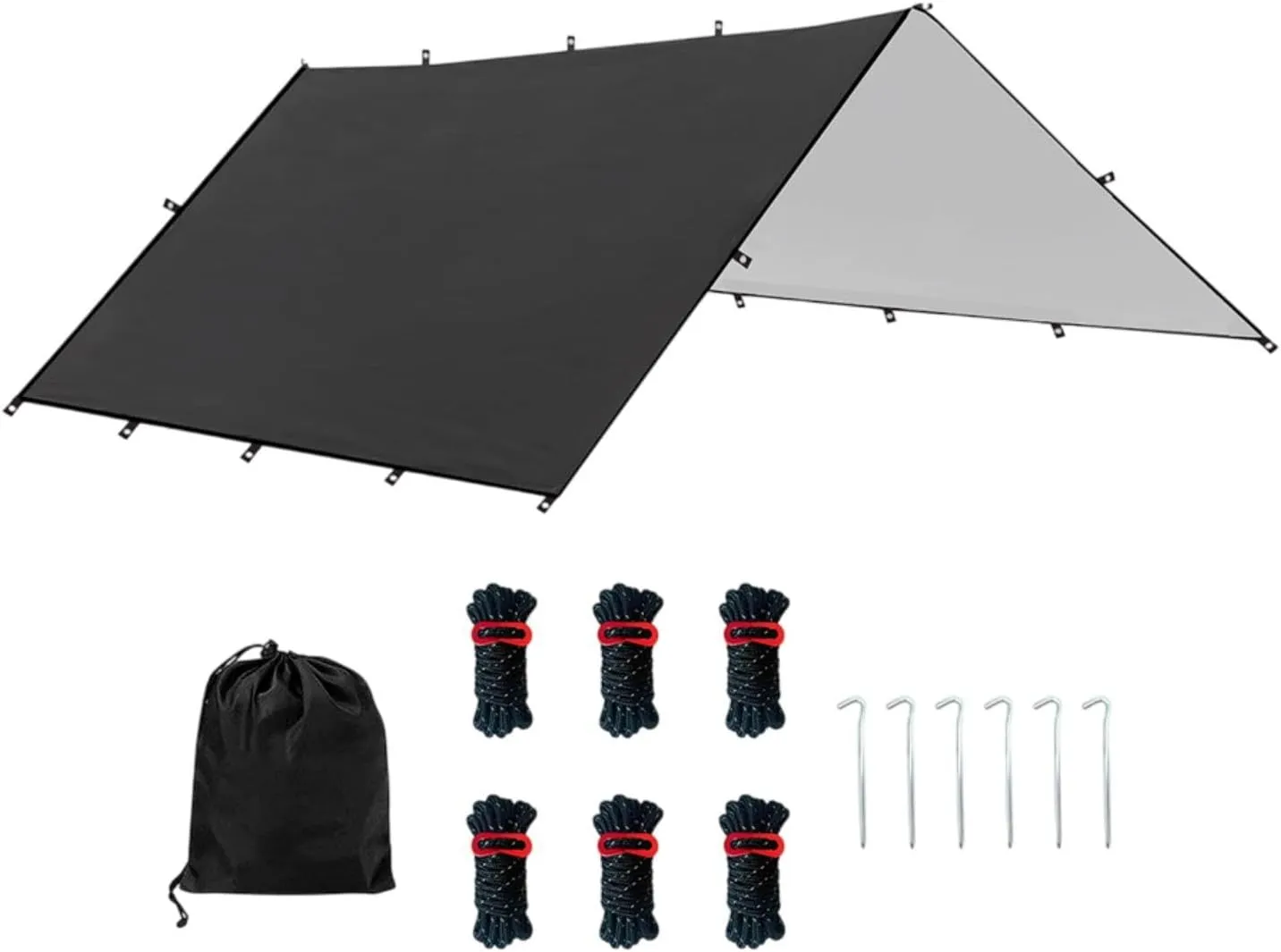 Camping Tent Tarp Waterproof with 6 Stakes and 6 Ropes Sun Canopy Multifunctional for Travelling, Party Easily Install, Black S