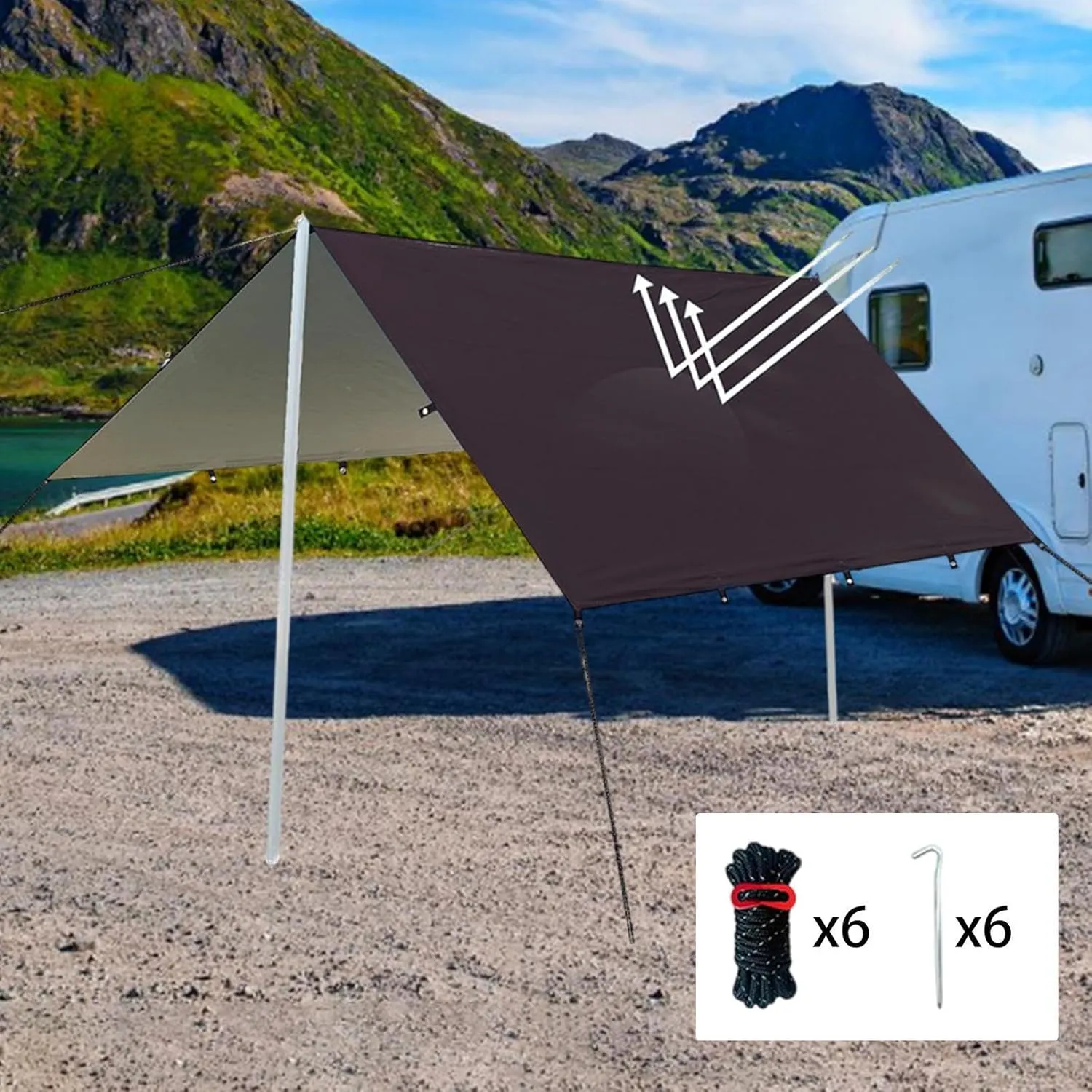 Camping Tent Tarp Waterproof with 6 Stakes and 6 Ropes Sun Canopy Multifunctional for Travelling, Party Easily Install, Black S