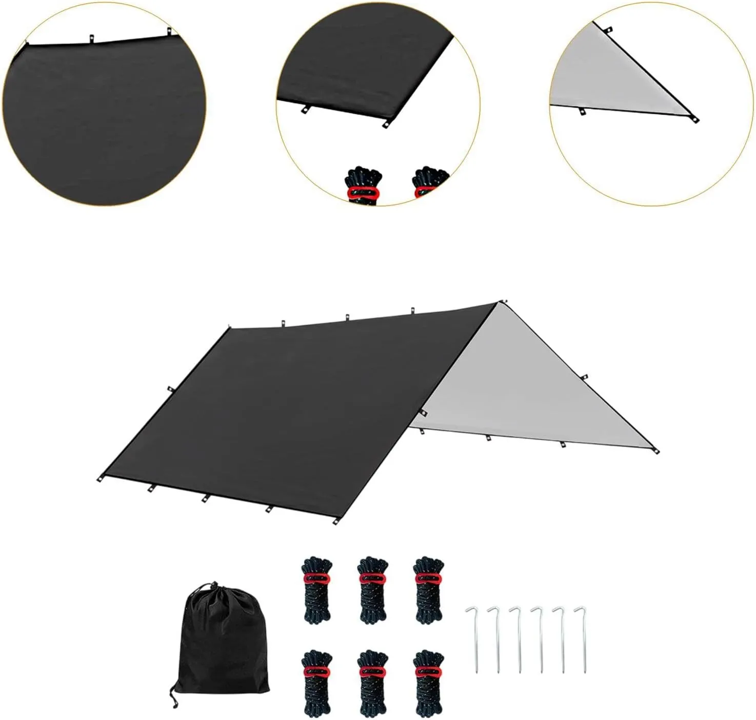 Camping Tent Tarp Waterproof with 6 Stakes and 6 Ropes Sun Canopy Multifunctional for Travelling, Party Easily Install, Black S