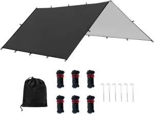 Camping Tent Tarp Waterproof with 6 Stakes and 6 Ropes Sun Canopy Multifunctional for Travelling, Party Easily Install, Black S
