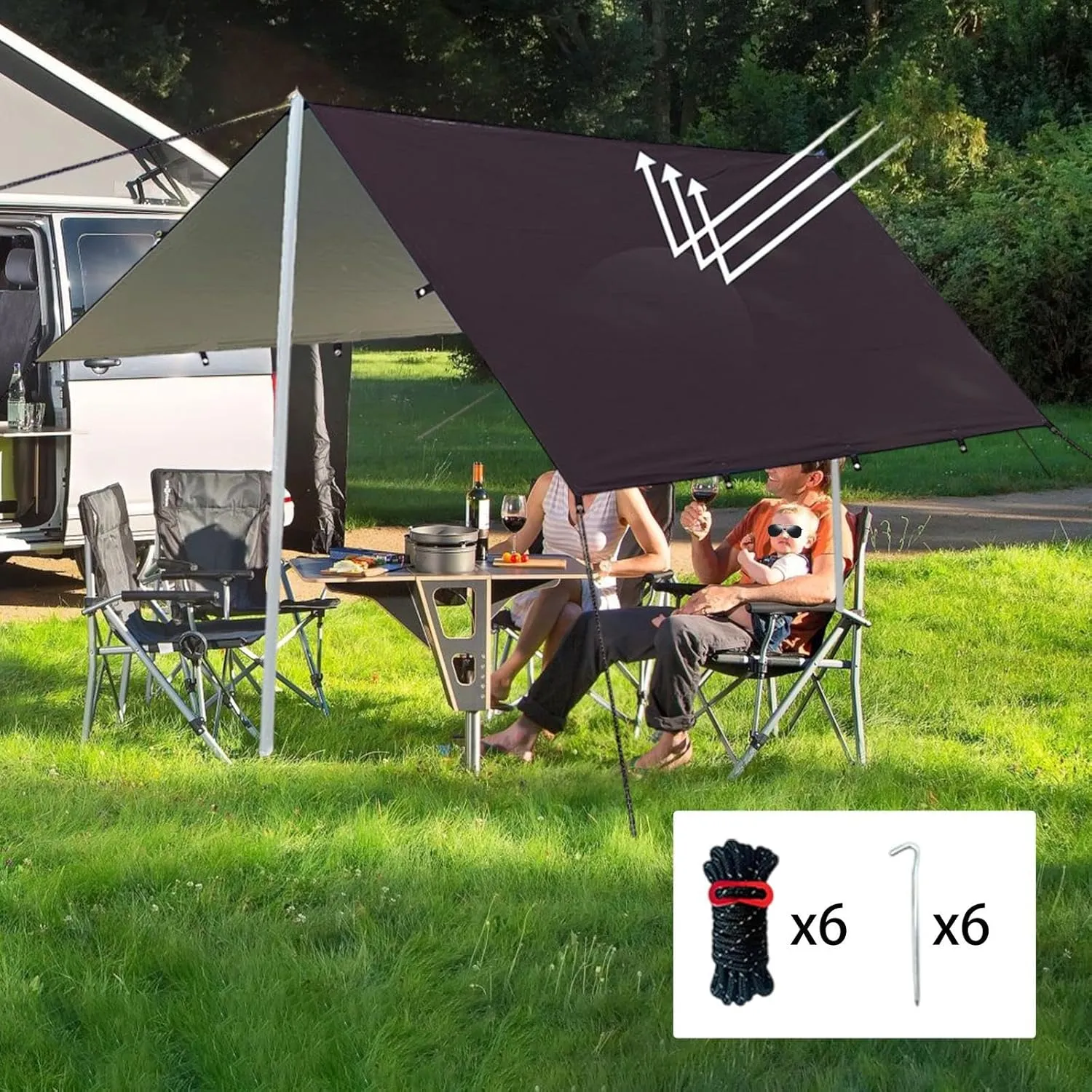 Camping Tent Tarp Waterproof with 6 Stakes and 6 Ropes Sun Canopy Multifunctional for Travelling, Party Easily Install, Black S