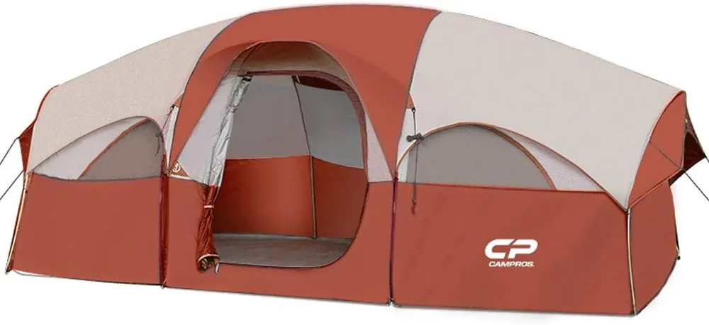 CAMPROS CP Tent 8 Person Camping Tents, Weather Resistant Family Tent, 5 Large Mesh Windows, Double Layer, Divided Curtain for Separated Room, Portable with Carry Bag