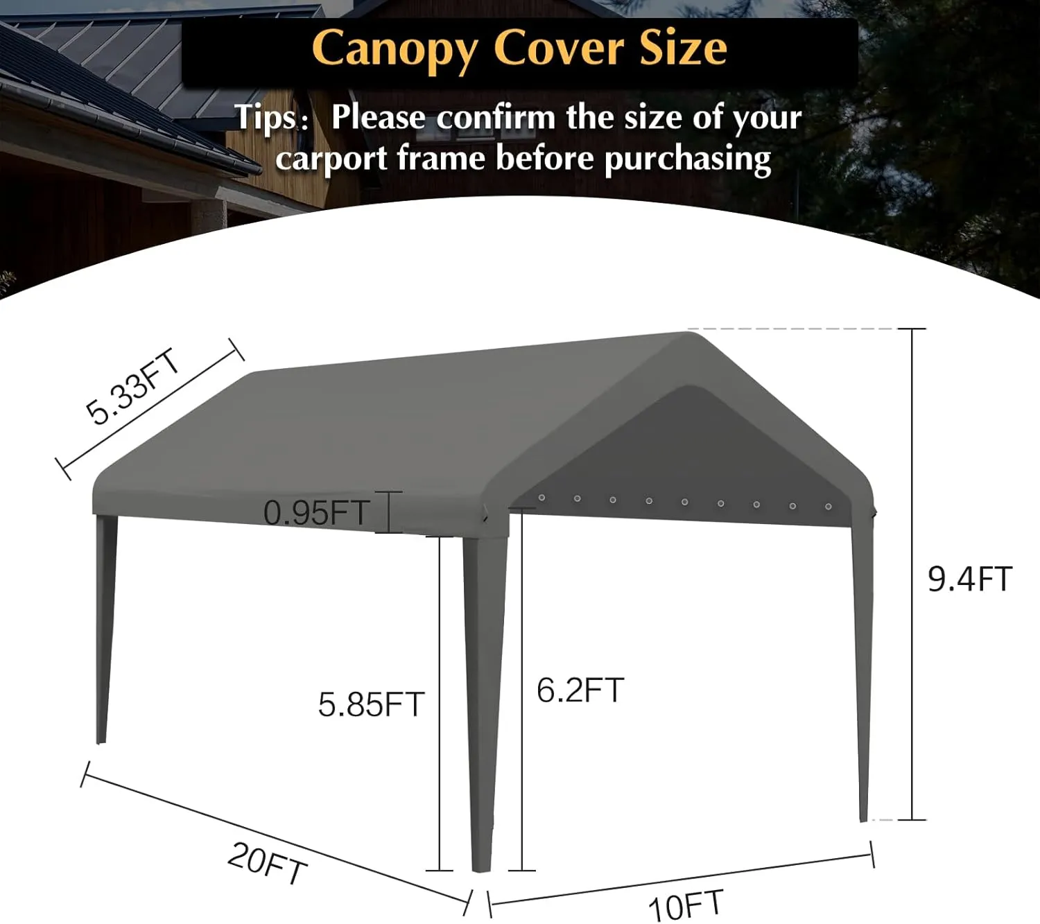 Canopy Replacement Cover, Carport Replacement Canopy Top Cover for 10' x 20' Frame, 800D Heavy Duty Waterproof & UV Protected Car Canopy with Ball Bungees (Frame is not Included) (Dark Gray)