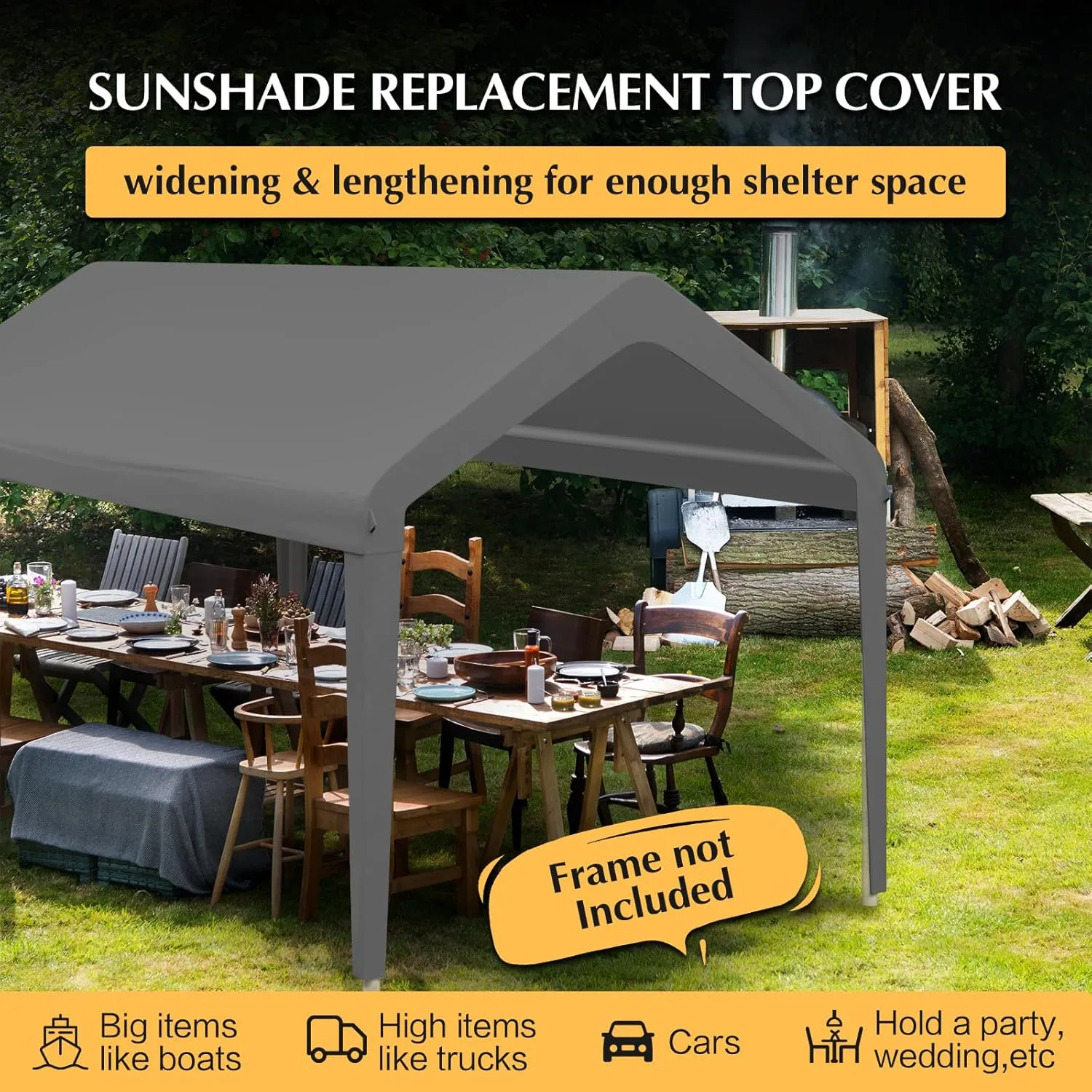 Canopy Replacement Cover, Carport Replacement Canopy Top Cover for 10' x 20' Frame, 800D Heavy Duty Waterproof & UV Protected Car Canopy with Ball Bungees (Frame is not Included) (Dark Gray)