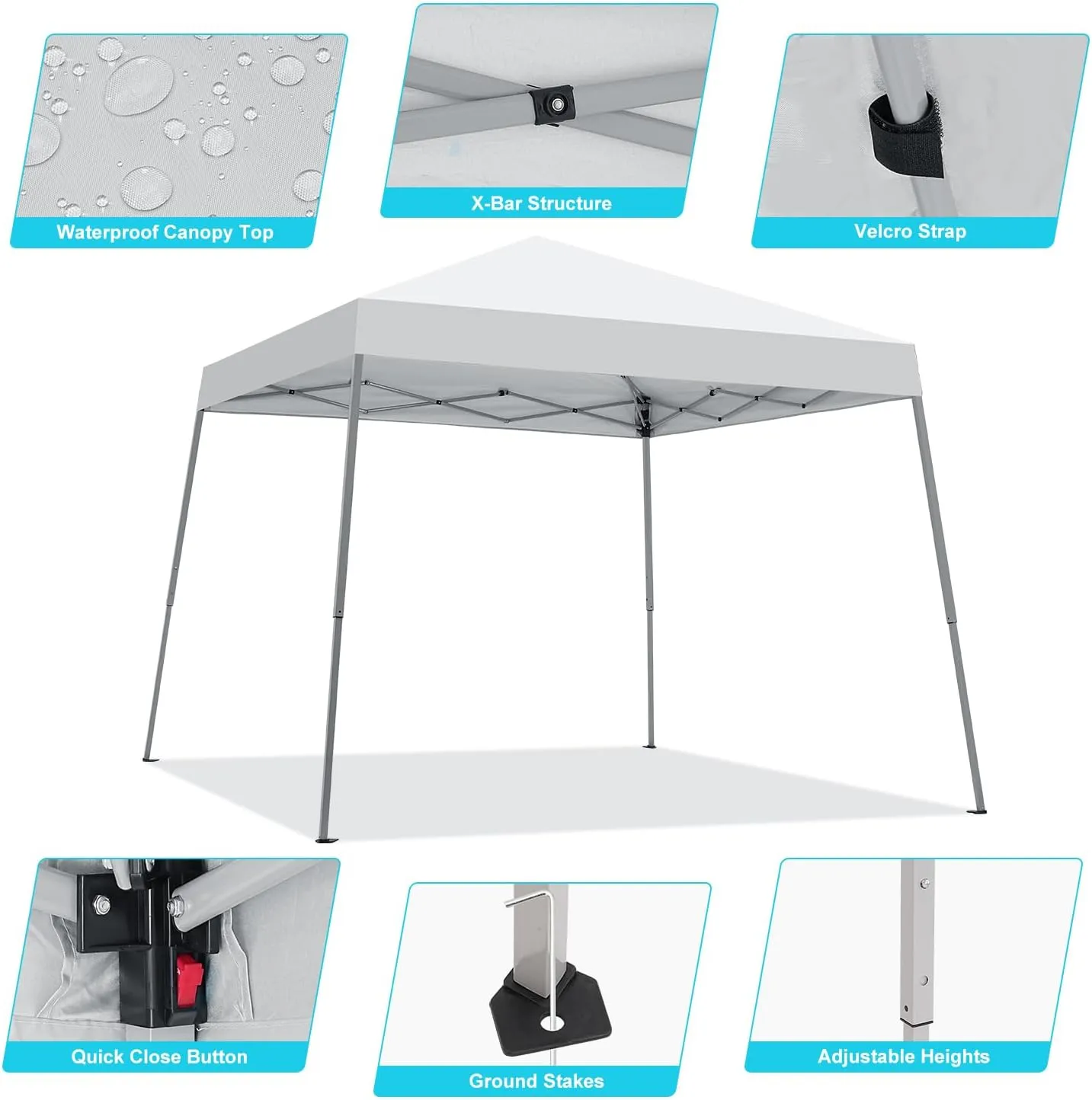Canopy Tent, 10X10 FT Pop Up Canopy Outdoor Instant Tent Slant Legs with Carrying Bag, Portable Gazebo Shelter for Patio Deck Garden and Beach - 8X8 FT Canopy Cover (White)