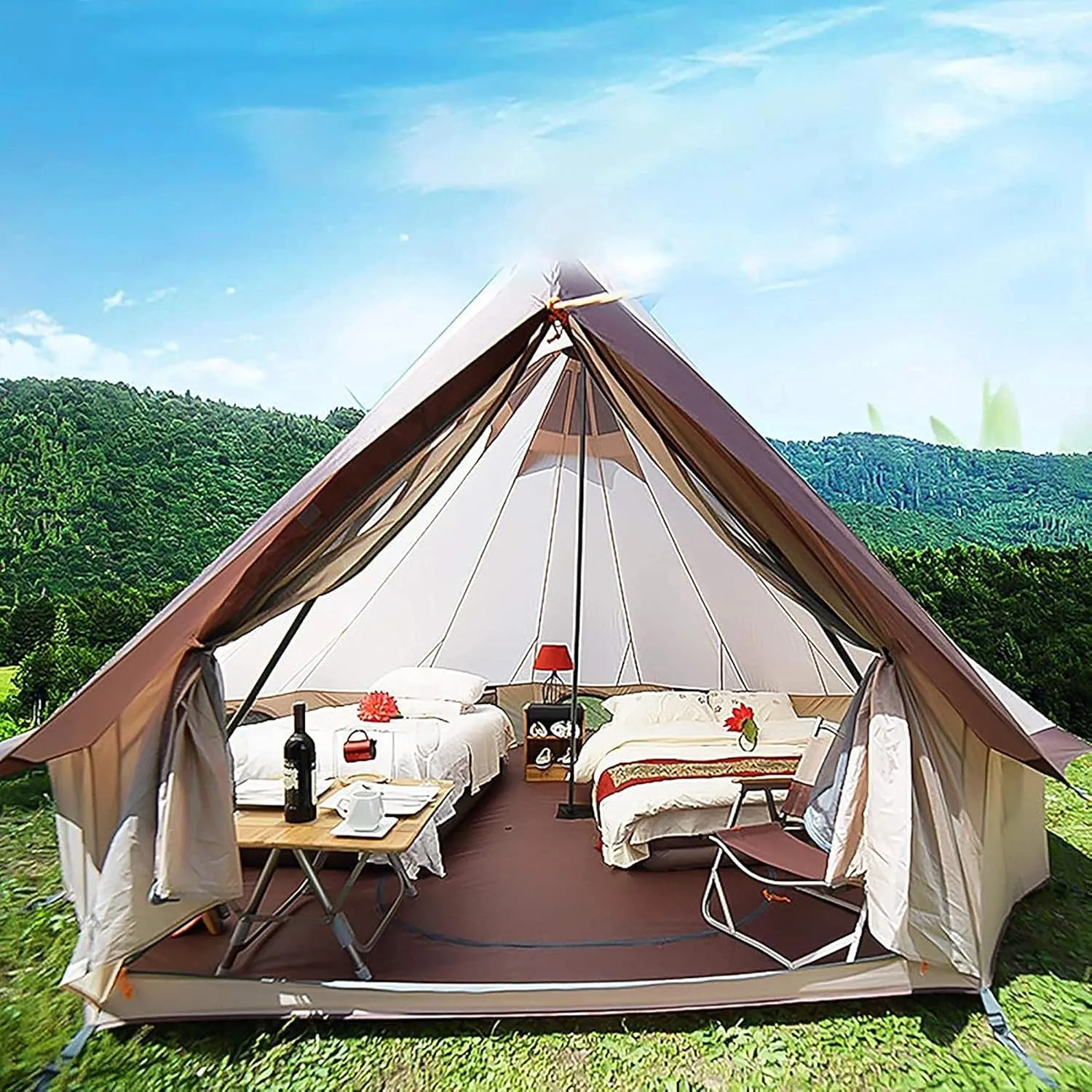 Canvas Tent with Stove Hole, Cotton Canvas Tent, Yurt Tent for Camping, Waterproof 4 Seasons Tent for Family Camping, Outdoor Glamping, Luxury Teepee