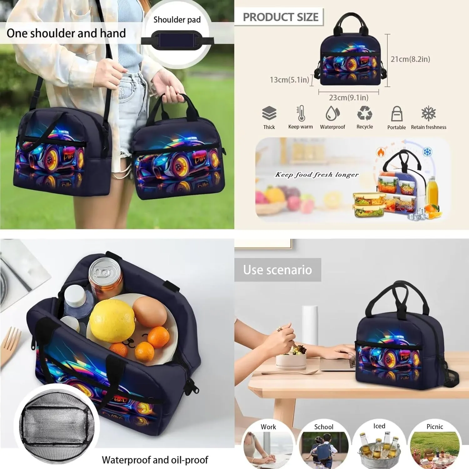Car Print Boys Backpack with Lunch Box 6th to 8th Grade Bookbag with Lunch Box Oil Proof Foldable Lunch Bag for Girls Mini Pencil Case Organizer for Middle School