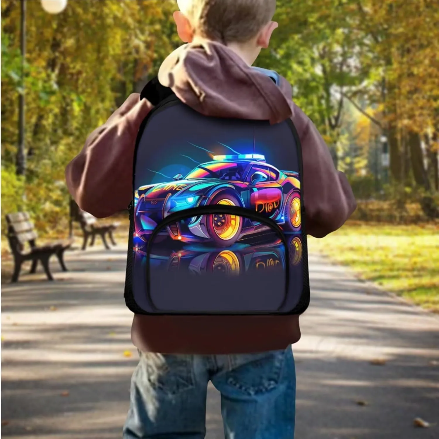 Car Print Boys Backpack with Lunch Box 6th to 8th Grade Bookbag with Lunch Box Oil Proof Foldable Lunch Bag for Girls Mini Pencil Case Organizer for Middle School