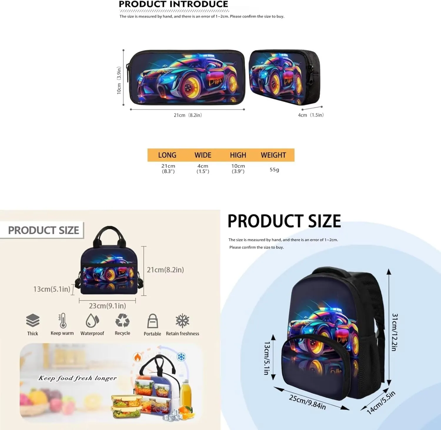 Car Print Boys Backpack with Lunch Box 6th to 8th Grade Bookbag with Lunch Box Oil Proof Foldable Lunch Bag for Girls Mini Pencil Case Organizer for Middle School