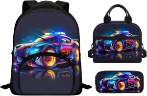 Car Print Boys Backpack with Lunch Box 6th to 8th Grade Bookbag with Lunch Box Oil Proof Foldable Lunch Bag for Girls Mini Pencil Case Organizer for Middle School