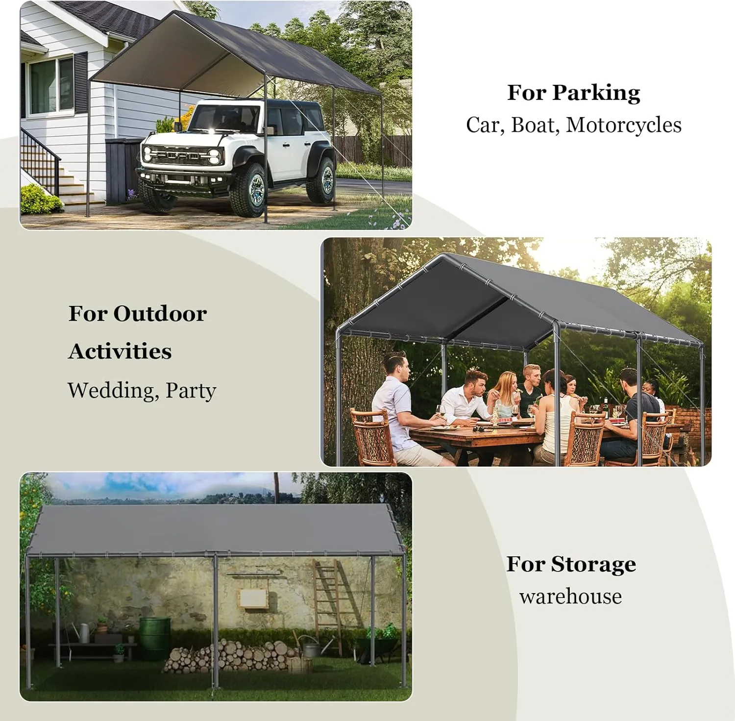 Carport 10x20ft Heavy Duty Car Canopy, Portable Garage Shelter with Steel Frame, Car Port Storage Shed with All-Season Trap for Car Boat Truck Boat Party (Grey)