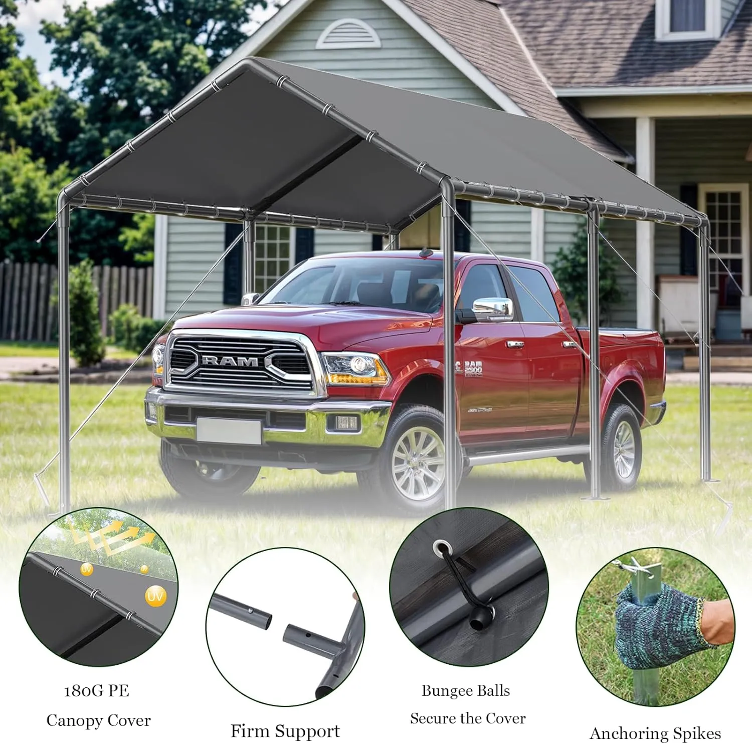 Carport 10x20ft Heavy Duty Car Canopy, Portable Garage Shelter with Steel Frame, Car Port Storage Shed with All-Season Trap for Car Boat Truck Boat Party (Grey)