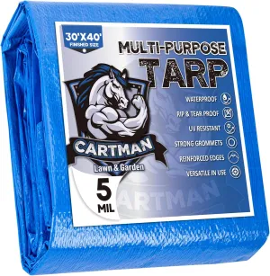 CARTMAN Finished Size 30x40 Feet Blue Poly Tarp 5 Mil Thick, Multipurpose Protective Cover for Camping, Tent, Boat, RV, Car