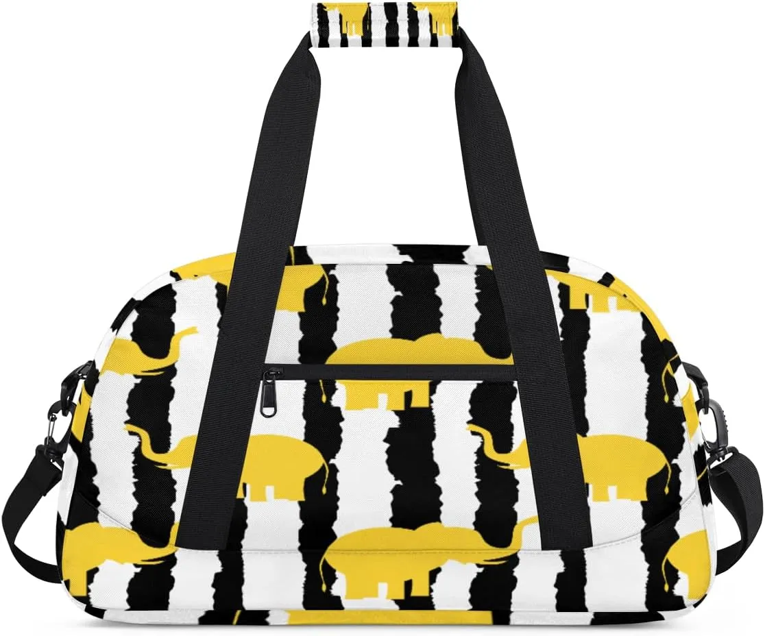 Cartoon Elephant Gym Duffel Bag for Men Women Stripes Background Sports Tote Bag with Adjustable Shoulder Strap for Dance Gymnastics Traveling Outdoor Camping Overnight Stay