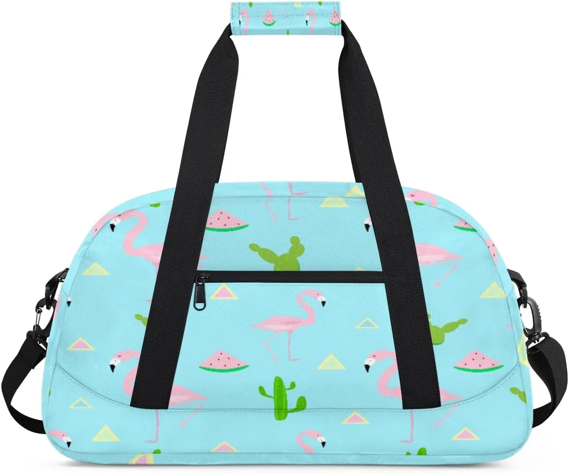 Cartoon Flamingo Gym Duffel Bag for Men Women Cute Cactus Sports Tote Bag with Adjustable Shoulder Strap for Dance Gymnastics Traveling Outdoor Camping Overnight Stay