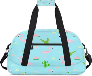 Cartoon Flamingo Gym Duffel Bag for Men Women Cute Cactus Sports Tote Bag with Adjustable Shoulder Strap for Dance Gymnastics Traveling Outdoor Camping Overnight Stay