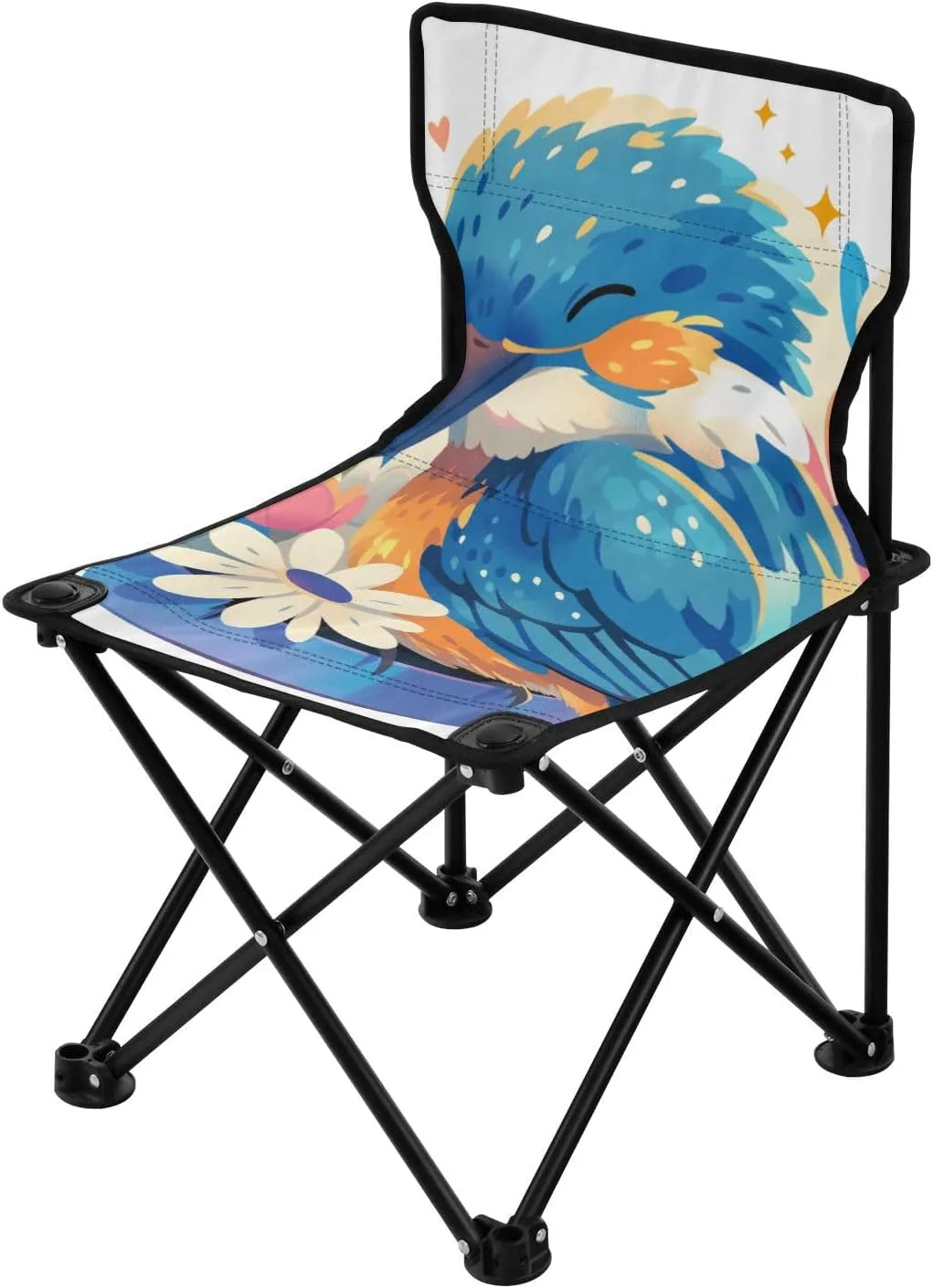 Cartoon Kingfisher and Flower Happy Cute Doodle Art Collapsible Camp Chairs for Adults Heavy Duty Ultra-Lightweight Backpacking Camp Chair with Carrying Bag Lawn Chairs for Hiking Lawn
