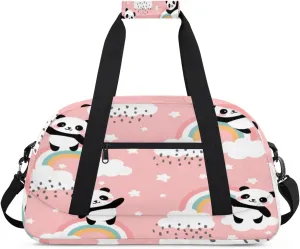 Cartoon Panda Gym Duffel Bag for Men Women Rainbow Rain Sports Tote Bag with Adjustable Shoulder Strap for Dance Gymnastics Traveling Outdoor Camping Overnight Stay