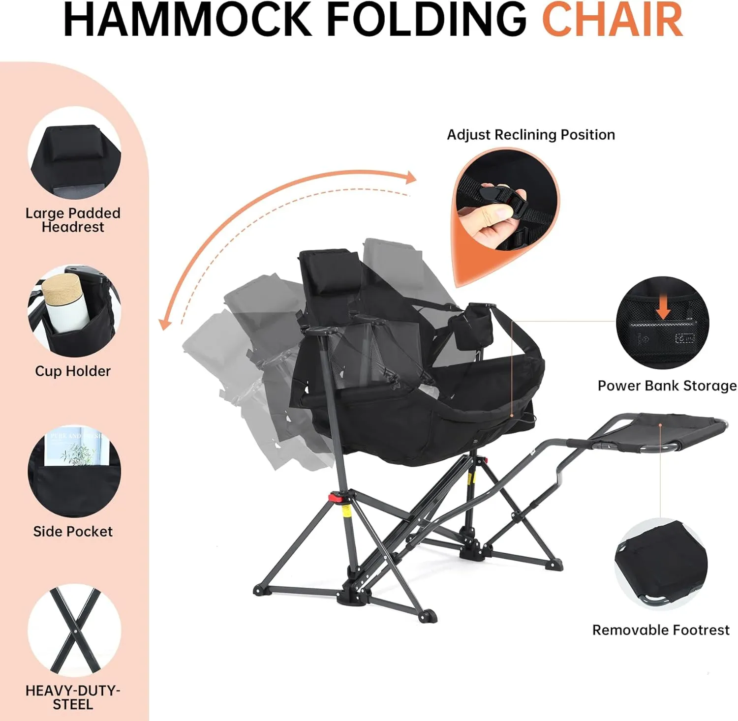 CDEN Heated Hammock Chair with Footrest, Heated Camping Chair, Swinging Chair, Heavy Duty, with Stand, Cup Holder, Side Bag, Power Bank Included, for Patio, Camping, Backyard (2 Pack)