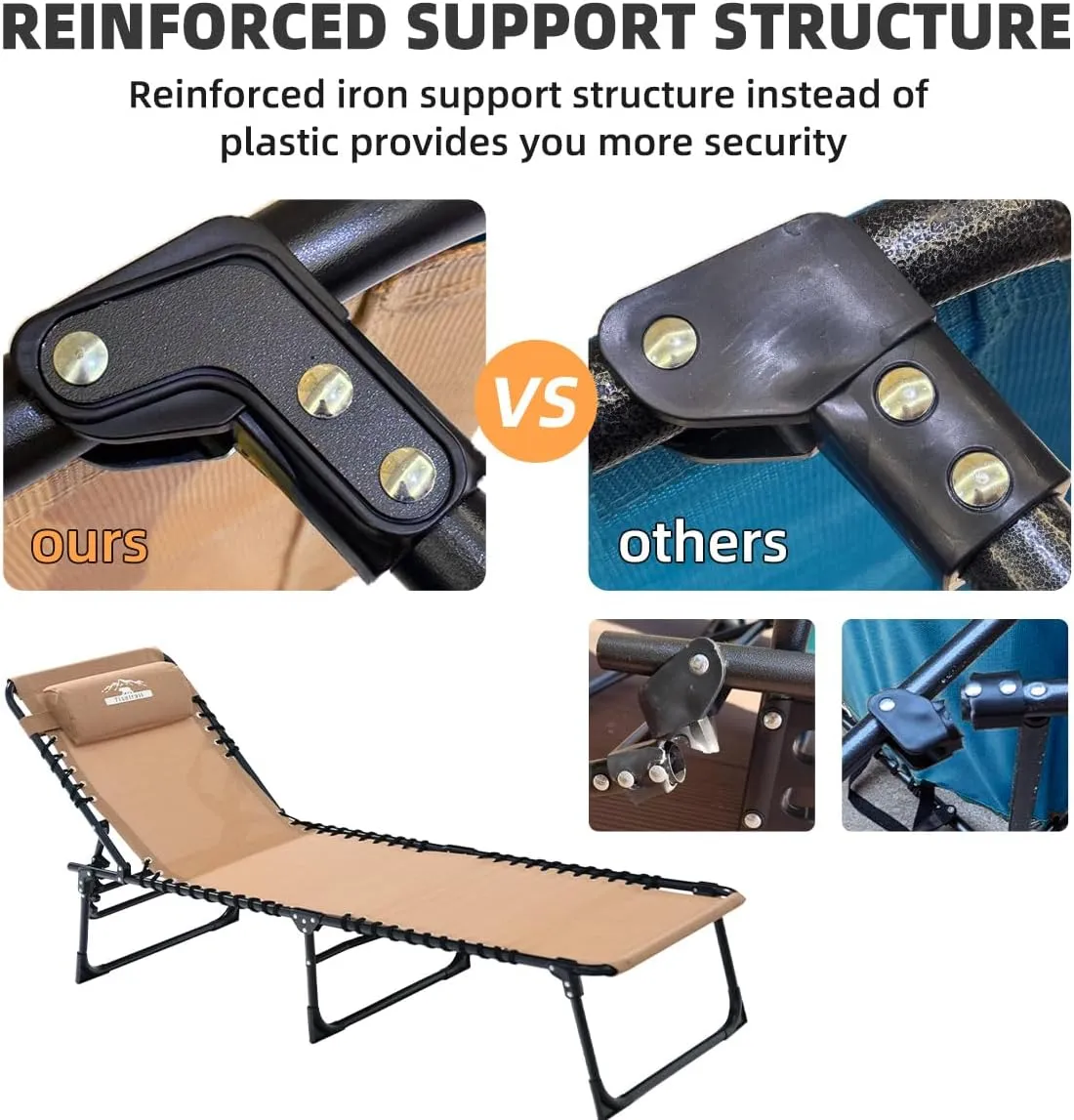 Chaise Lounge Chair 5 Positions Folding Patio Chaise Lounges Bed Lay Flat Recliner with Pillow for Pool, Sunbathing, Camping, Patio, Supports 400lb