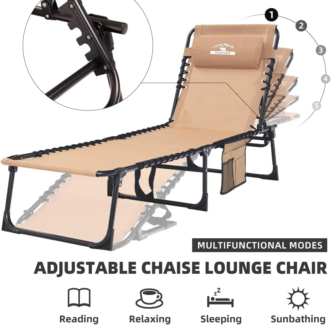 Chaise Lounge Chair 5 Positions Folding Patio Chaise Lounges Bed Lay Flat Recliner with Pillow for Pool, Sunbathing, Camping, Patio, Supports 400lb
