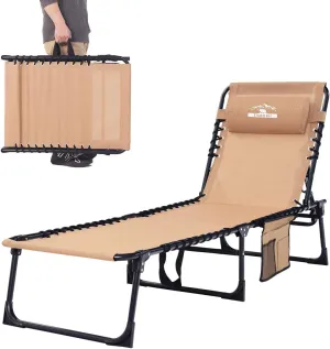 Chaise Lounge Chair 5 Positions Folding Patio Chaise Lounges Bed Lay Flat Recliner with Pillow for Pool, Sunbathing, Camping, Patio, Supports 400lb
