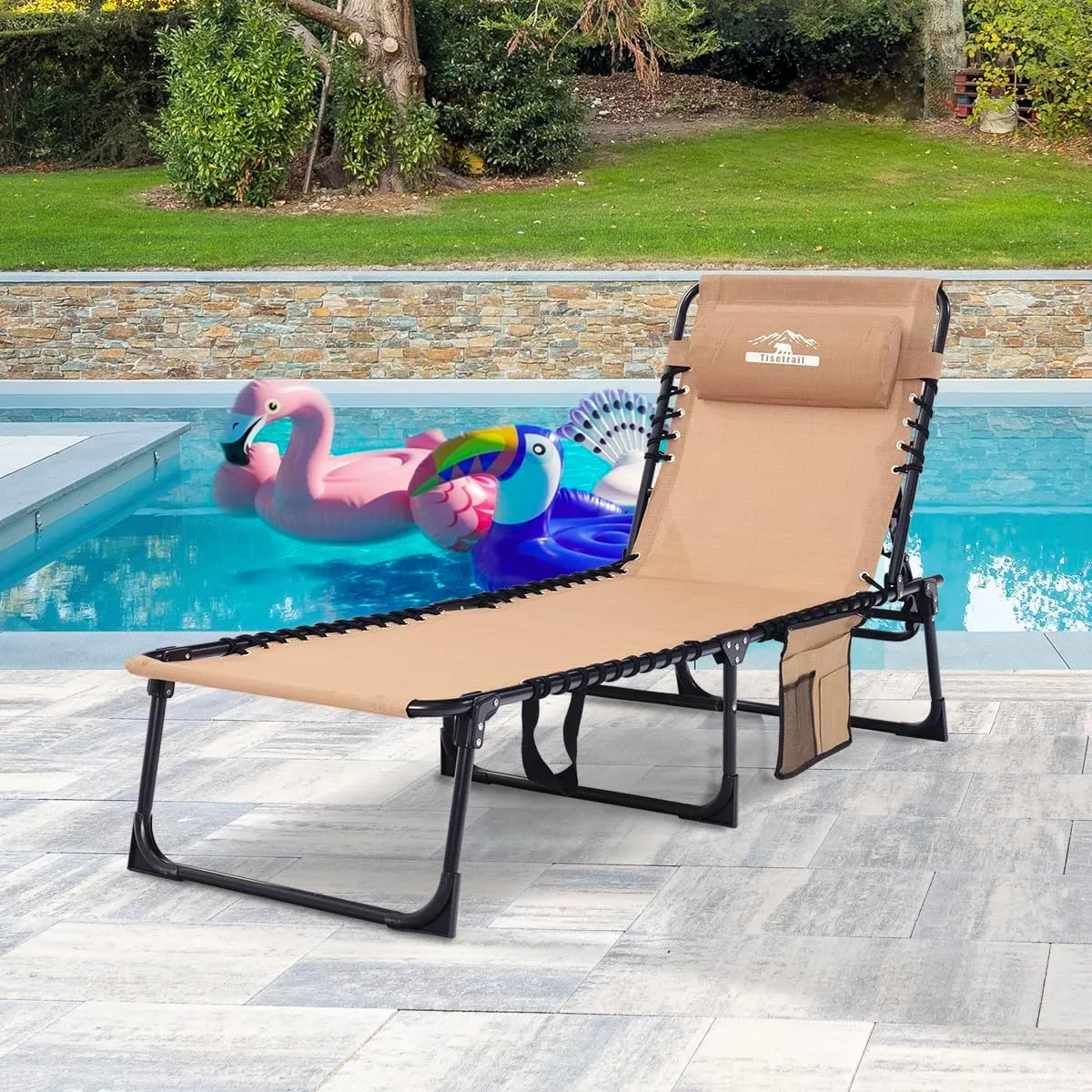Chaise Lounge Chair 5 Positions Folding Patio Chaise Lounges Bed Lay Flat Recliner with Pillow for Pool, Sunbathing, Camping, Patio, Supports 400lb