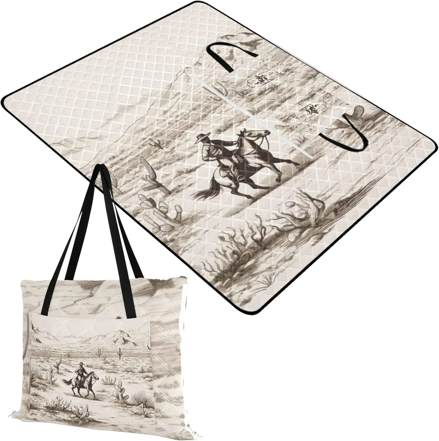 CHIFIGNO Cowboy Riding Horse Cactus Picnic Supplies Foldable Mat Sand Proof Beach Blanket Waterproof Floral Tent Rugs for Camping Mat 80" x 60"