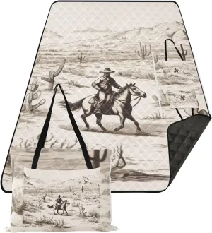 CHIFIGNO Cowboy Riding Horse Cactus Picnic Supplies Foldable Mat Sand Proof Beach Blanket Waterproof Floral Tent Rugs for Camping Mat 80" x 60"