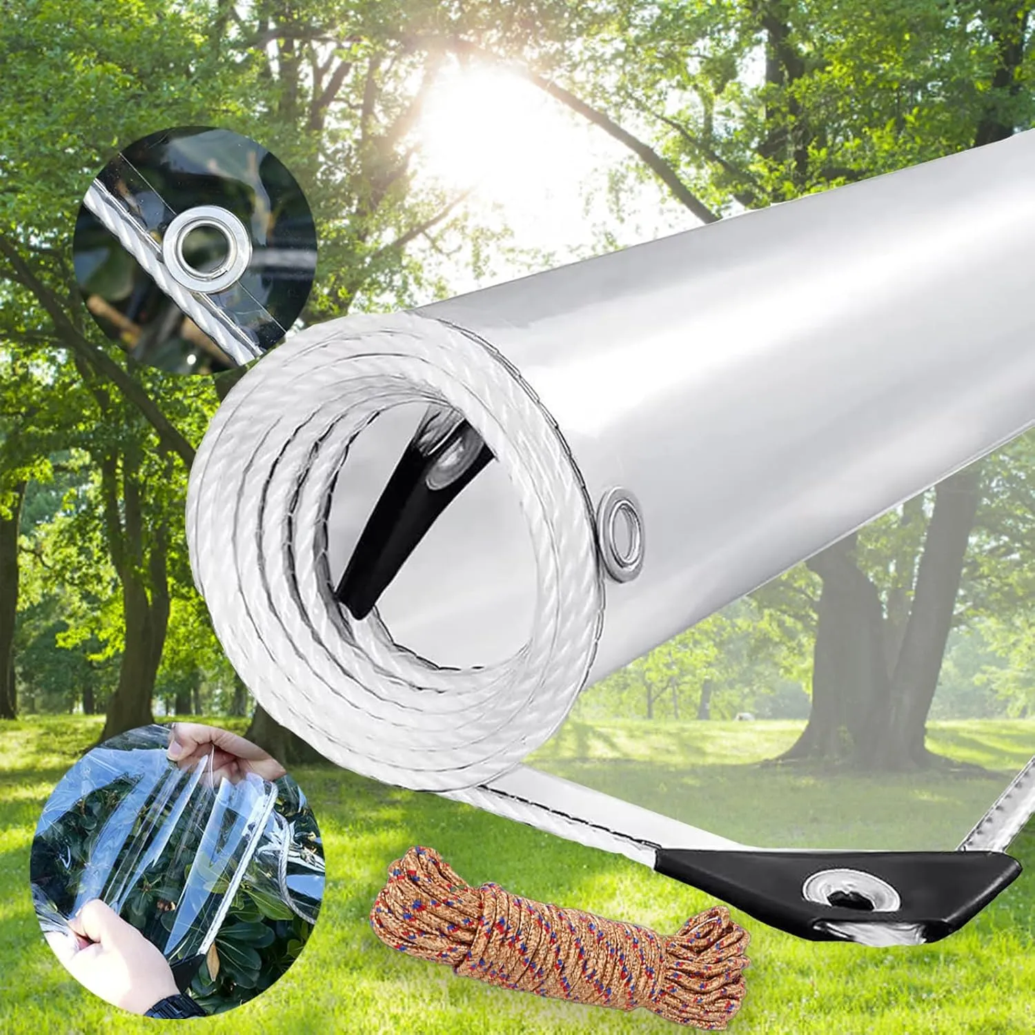 Clear Tarps Heavy Duty PVC, Transparent Tarp Durable Waterproof Dustproof Windproof, Tarpaulin with Grommets & Ropes for Greenhouse, Patio, Garden, Pavilion, Chicken, Porch, Outdoor（8' x 10'）