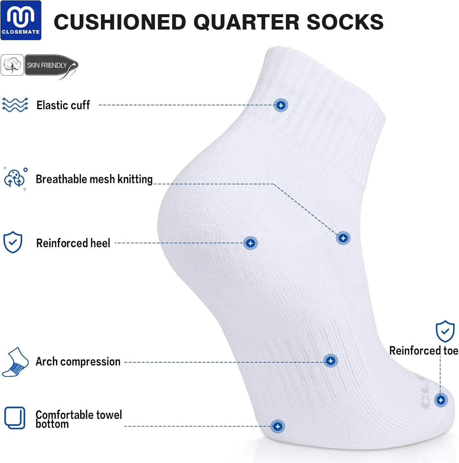 CLOSEMATE 6 Pack Mens Ankle Athletic Socks Cushioned Running Sports Cotton Quarter Socks