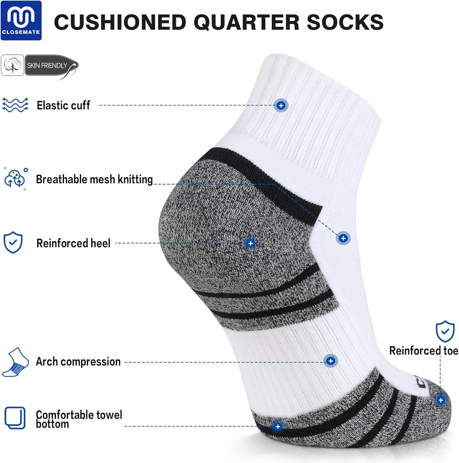 CLOSEMATE 6 Pack Mens Ankle Athletic Socks Cushioned Running Sports Cotton Quarter Socks