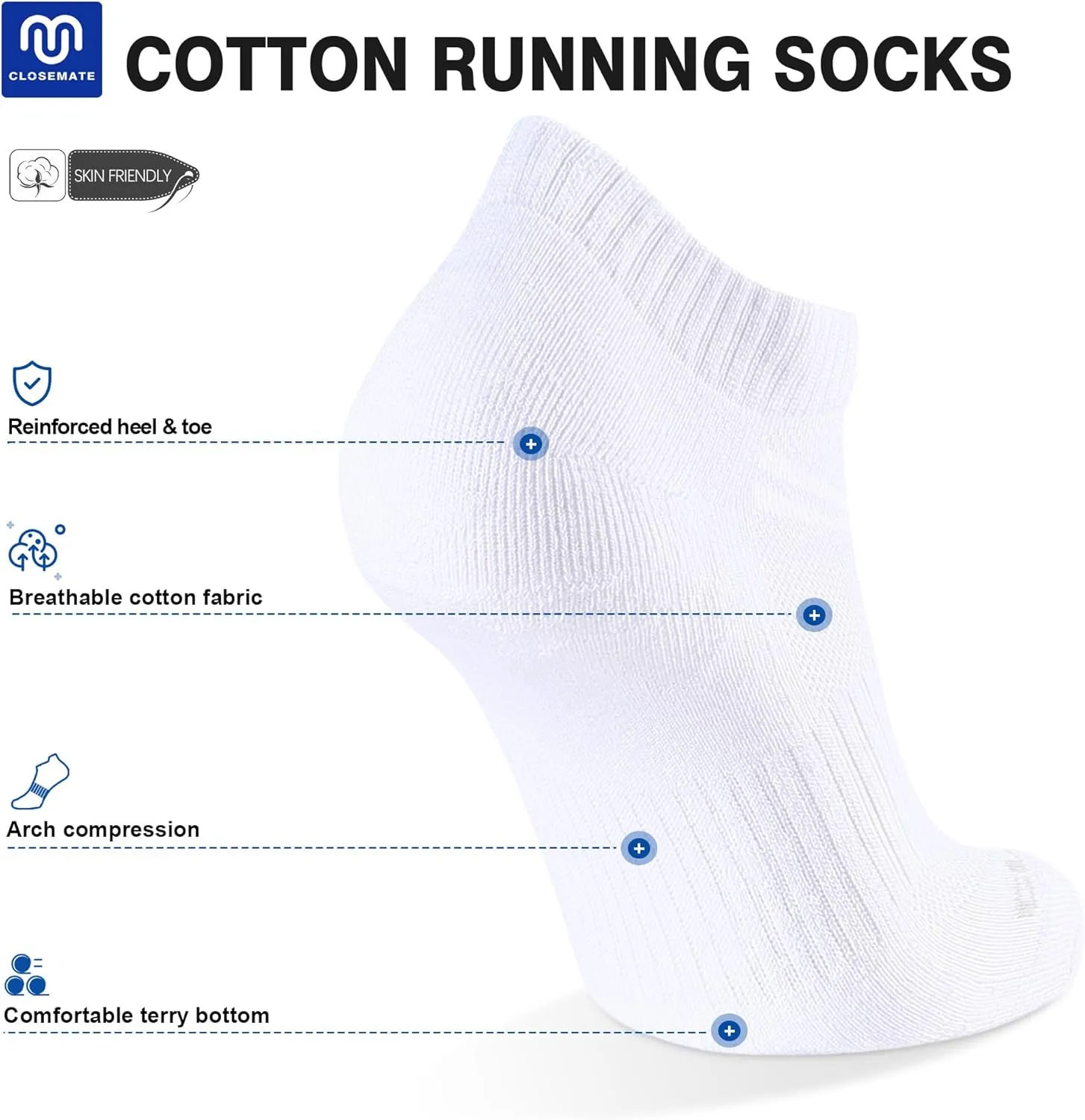 CLOSEMATE Comfortable Cotton Cushioned Ankle Low Cut Socks for Men Women Non Slip and Breathable for Running 6 Pairs