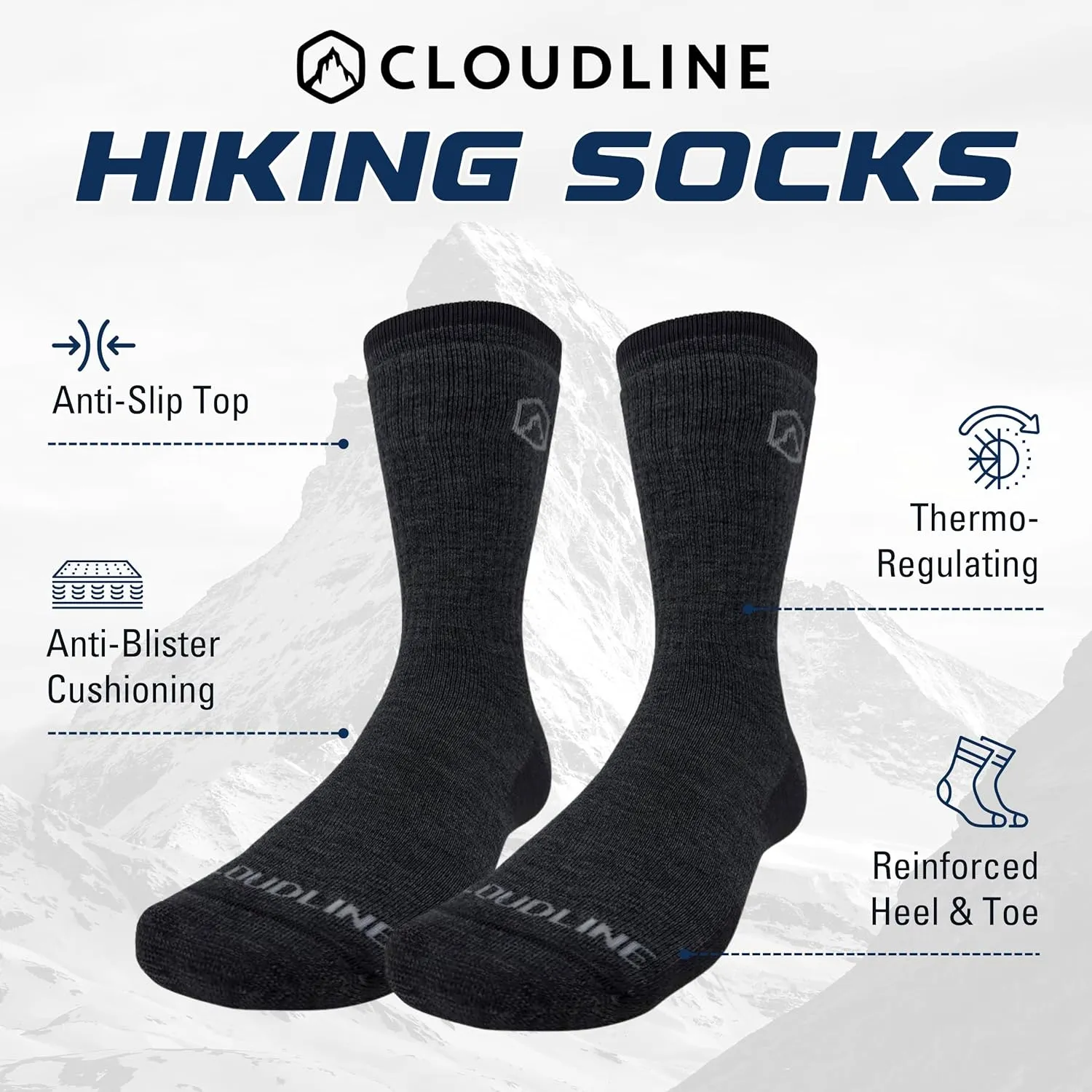 CloudLine - Merino Wool Hiking Socks for Men & Women - Light Cushioned, Merino Wool, Seamless, Moisture Wicking & Breathable