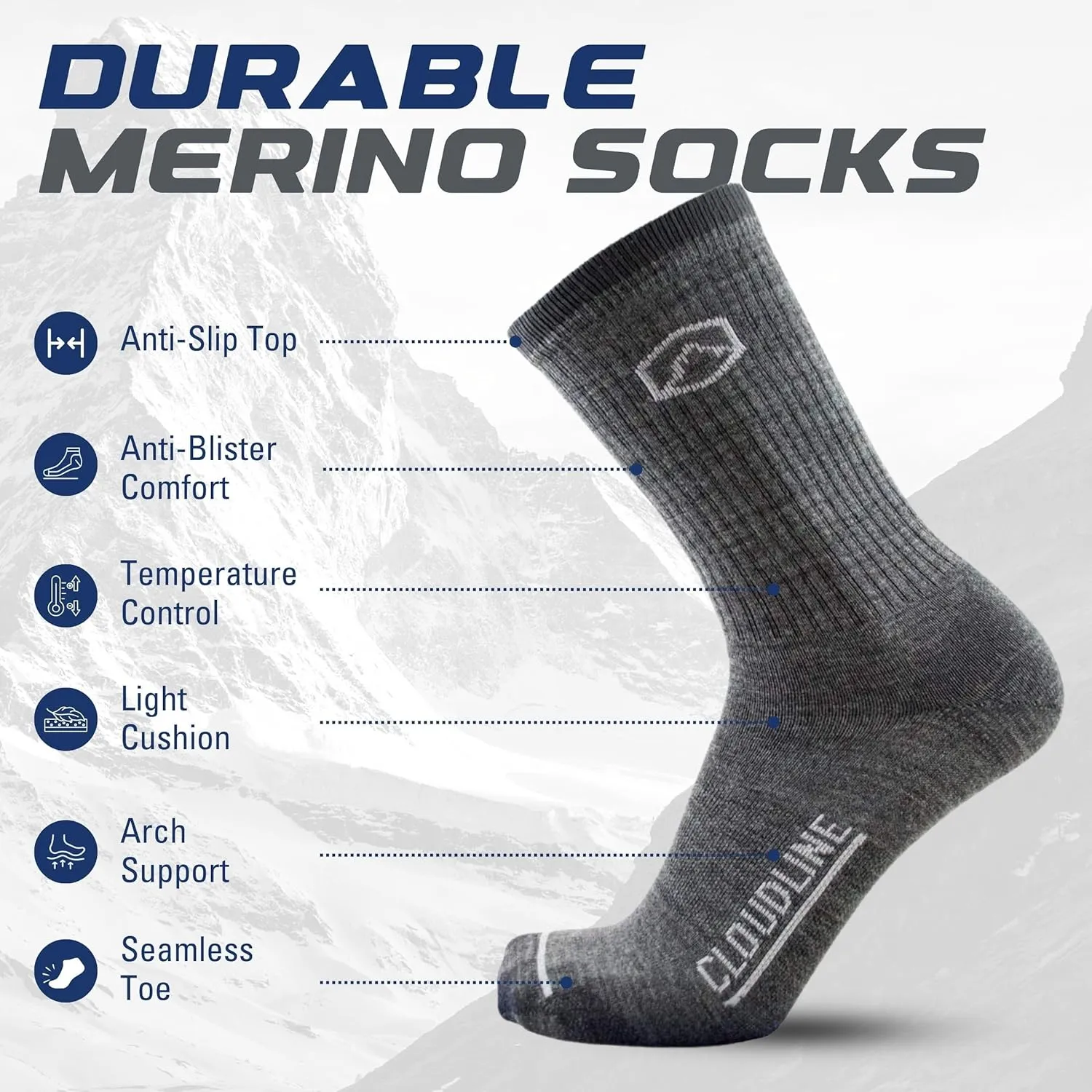 CloudLine Merino Wool Hiking Socks for Men and Women, Light Cushion, Warm, Soft, Moisture Wicking Crew Socks, USA Made 3 Pair