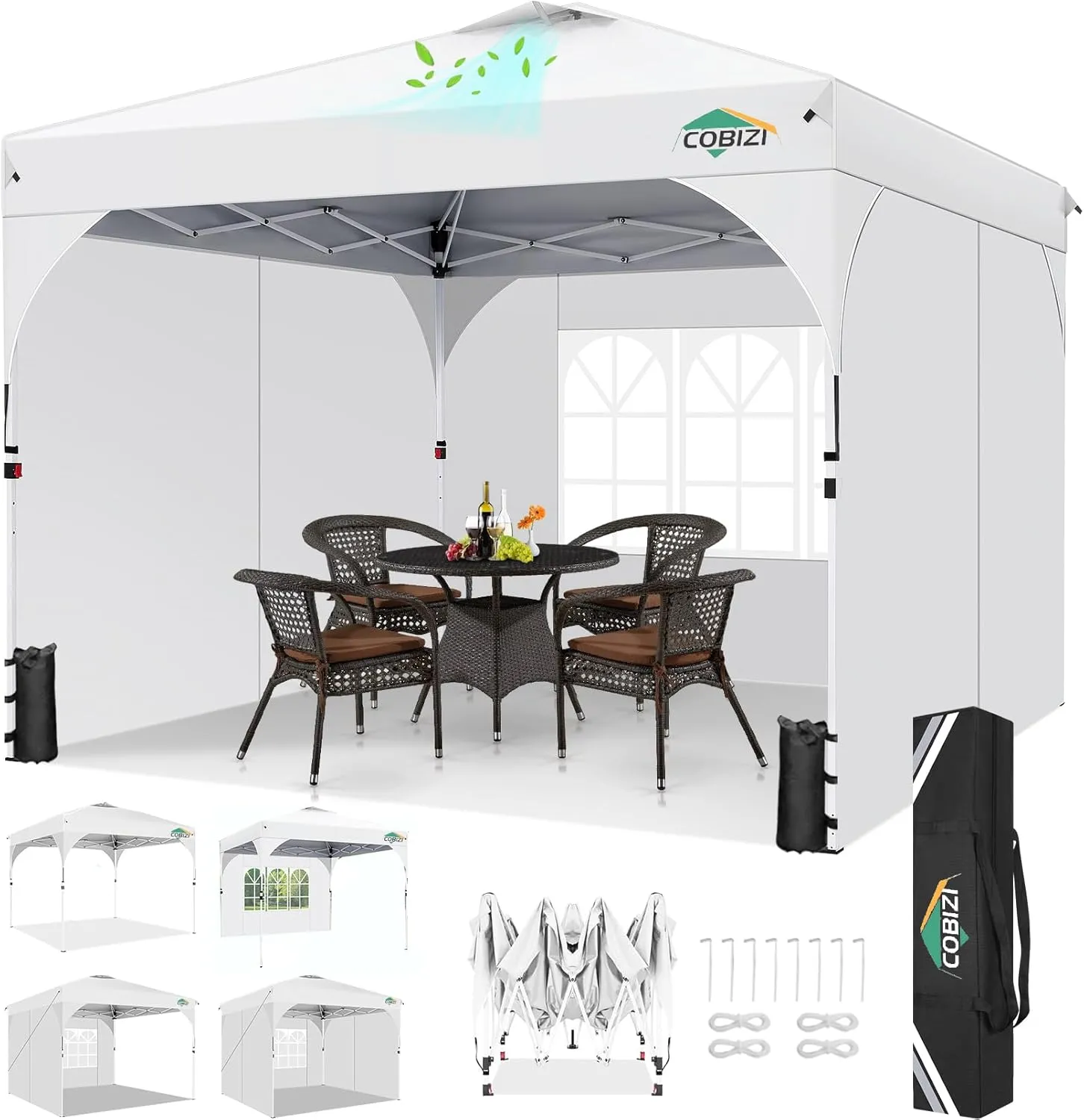COBIZI 10x10 Pop Up Canopy Tent with 3 Removable Sidewalls & Air Vent | Waterproof Instant Setup 90s, Commercial-Grade Gazebo Tent for Camping/BBQ/Events | Includes Sandbags, Stakes & Ropes(White)