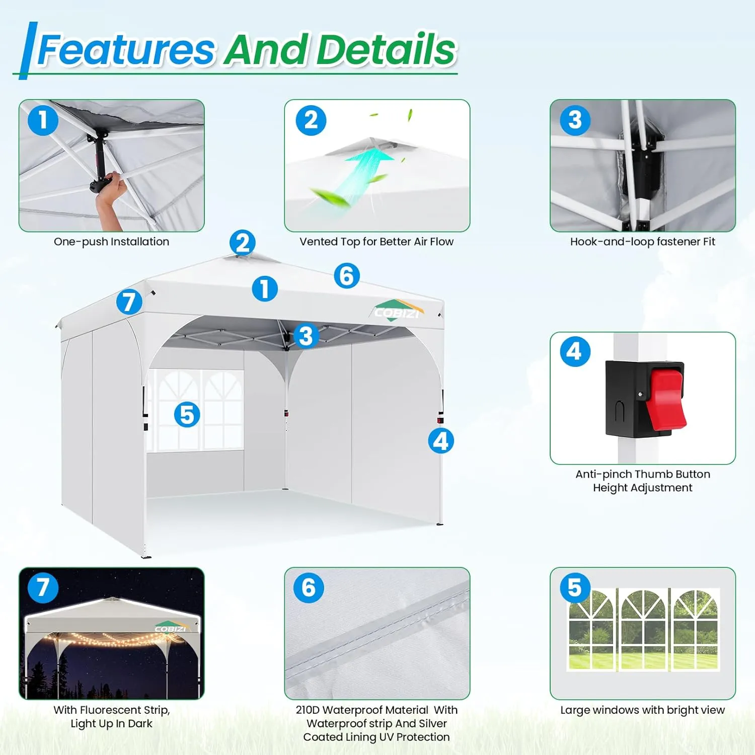 COBIZI 10x10 Pop Up Canopy Tent with 3 Removable Sidewalls & Air Vent | Waterproof Instant Setup 90s, Commercial-Grade Gazebo Tent for Camping/BBQ/Events | Includes Sandbags, Stakes & Ropes(White)