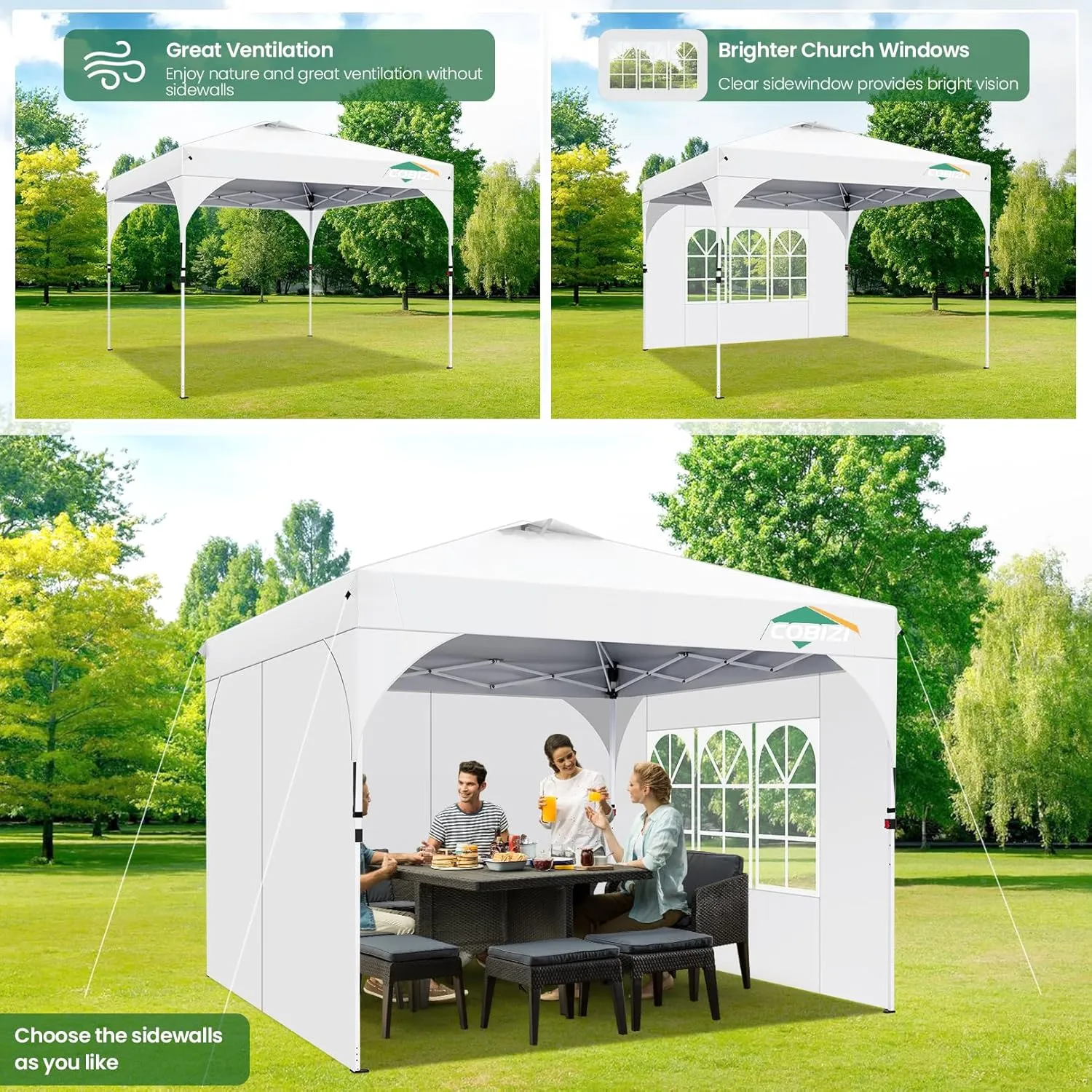 COBIZI 10x10 Pop Up Canopy Tent with 3 Removable Sidewalls & Air Vent | Waterproof Instant Setup 90s, Commercial-Grade Gazebo Tent for Camping/BBQ/Events | Includes Sandbags, Stakes & Ropes(White)