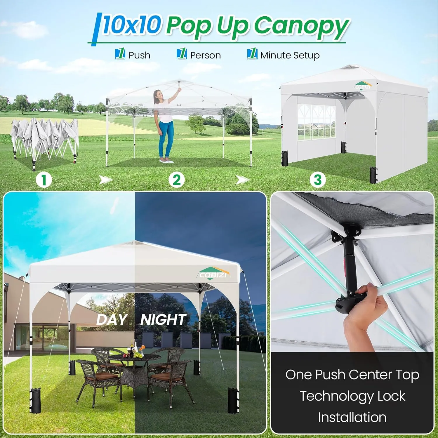 COBIZI 10x10 Pop Up Canopy Tent with 3 Removable Sidewalls & Air Vent | Waterproof Instant Setup 90s, Commercial-Grade Gazebo Tent for Camping/BBQ/Events | Includes Sandbags, Stakes & Ropes(White)