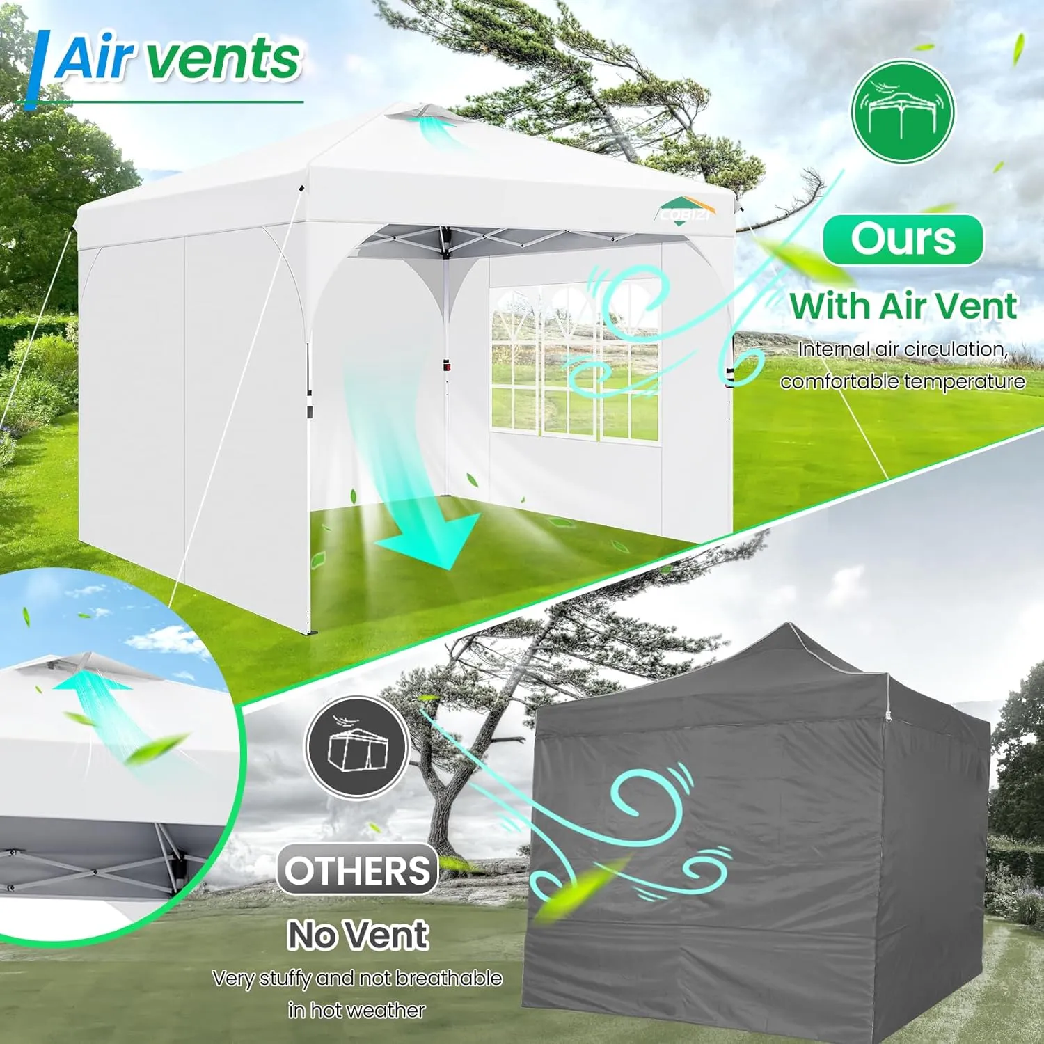 COBIZI 10x10 Pop Up Canopy Tent with 3 Removable Sidewalls & Air Vent | Waterproof Instant Setup 90s, Commercial-Grade Gazebo Tent for Camping/BBQ/Events | Includes Sandbags, Stakes & Ropes(White)