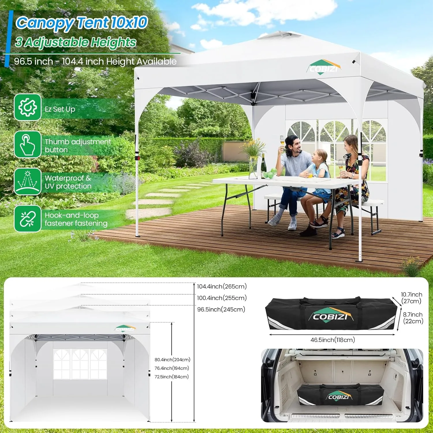 COBIZI 10x10 Pop Up Canopy Tent with 3 Removable Sidewalls & Air Vent | Waterproof Instant Setup 90s, Commercial-Grade Gazebo Tent for Camping/BBQ/Events | Includes Sandbags, Stakes & Ropes(White)